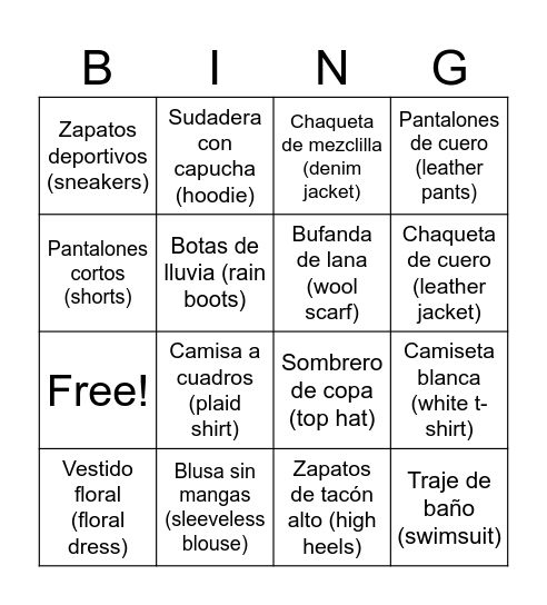 La ropa Bingo Card