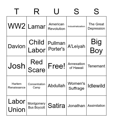 TRUSS Bingo Card
