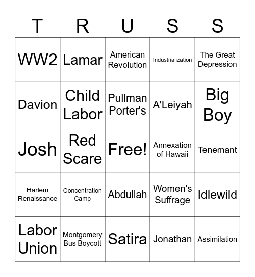 TRUSS Bingo Card