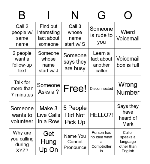 Phone Banking Bingo Card