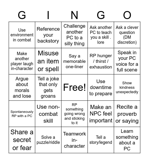 D&D Bingo Card