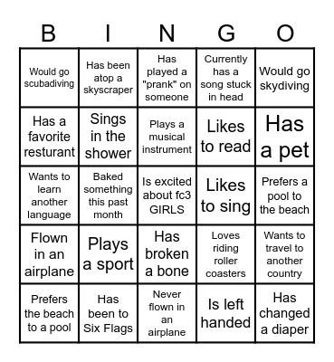 Young Women Get to Know You Bingo Card