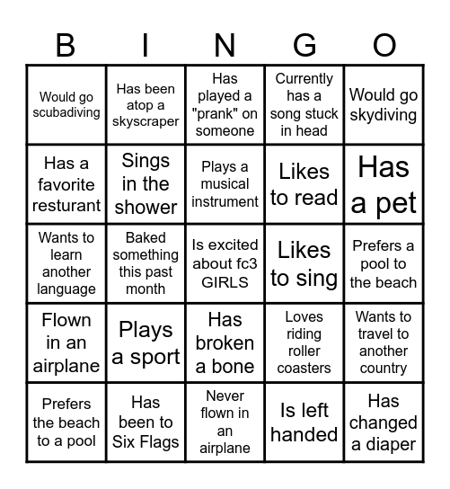 Young Women Get to Know You Bingo Card