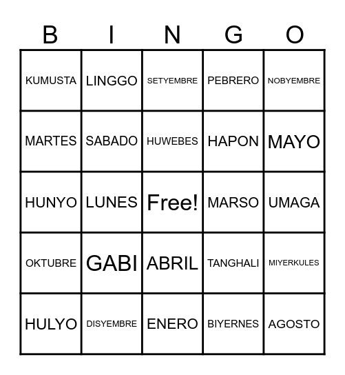 Tagalog Bingo Card