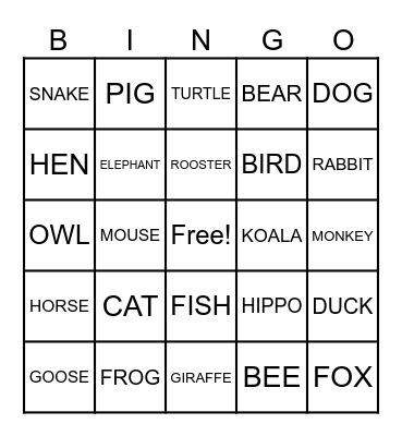 ANIMALS BINGO Card