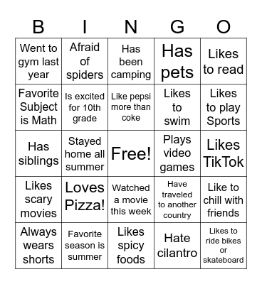 Students Bingo Card