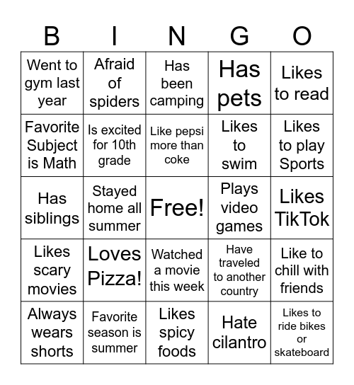 Students Bingo Card