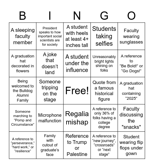 COSS 2025 Commencement Bingo Card