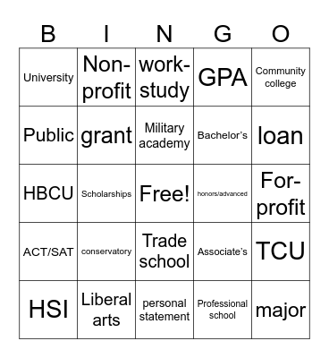 Higher Education Vocabulary Bingo Card