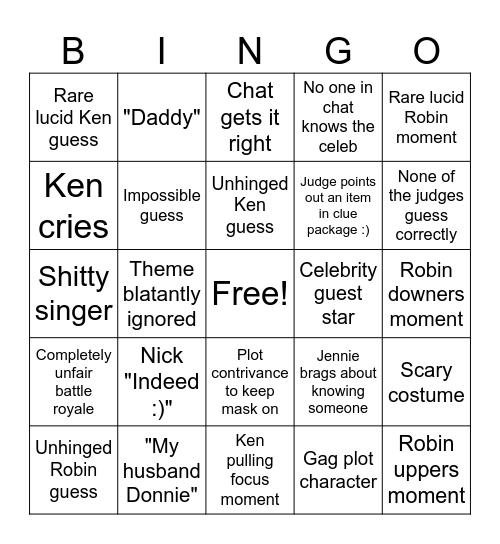 Masked Singer Bingo Card