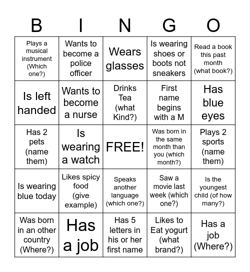 Introduction Bingo Card