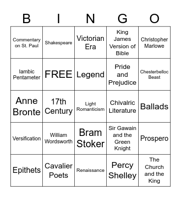 British Literature Bingo Card