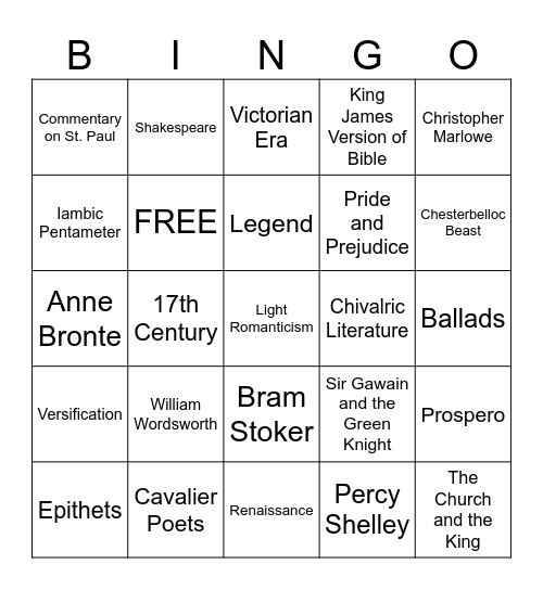 British Literature Bingo Card