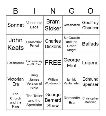 British Literature Bingo Card