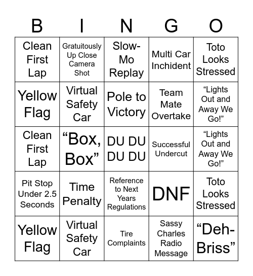 Formula 1 Bingo Card