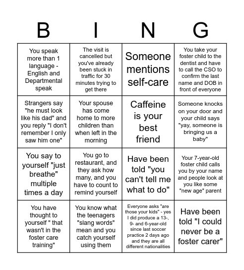 Foster Care Bingo: Daily Puzzle Bingo Card