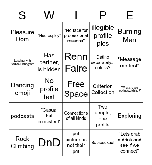 Kinky/Poly Dating App Bingo Card