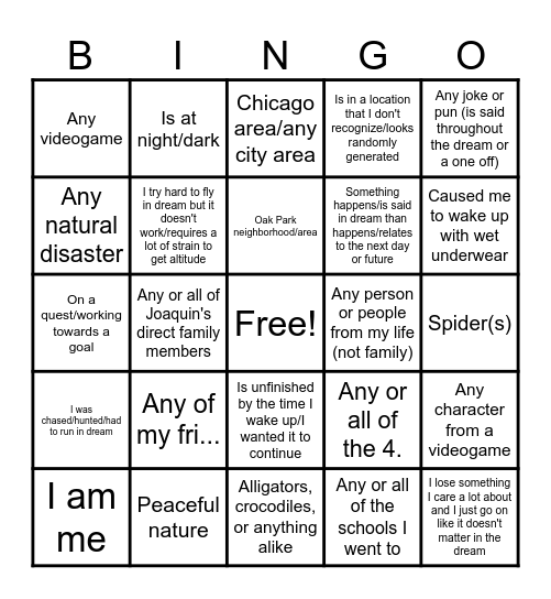 Joaquin's Dreams Bingo Card Bingo Card