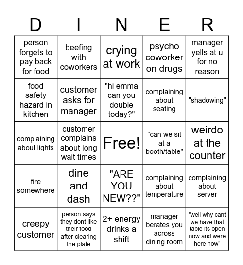 Stupid diner bingo Card