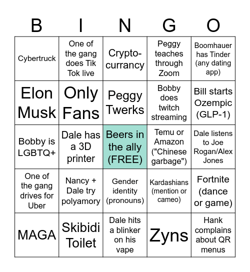 Gen Z x King of the Hill Bingo Card