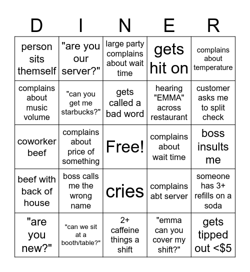 DINER! Bingo Card
