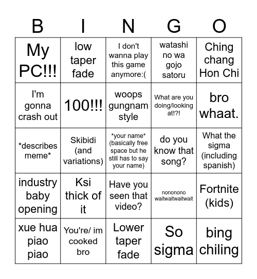my good buddy Benjamin Bingo Card