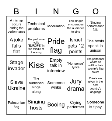 Eurovision Bingo Card
