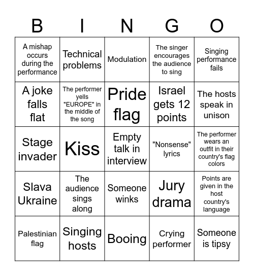 Eurovision Bingo Card