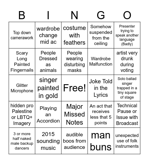 Eurovision Bingo Card