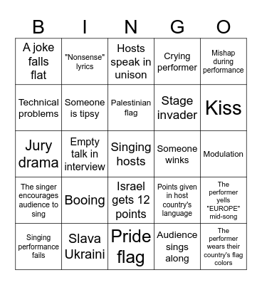 Eurovision Bingo Card