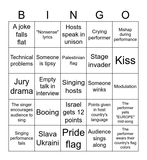 Eurovision Bingo Card