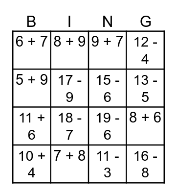 Addition and Subtraction Bingo Card