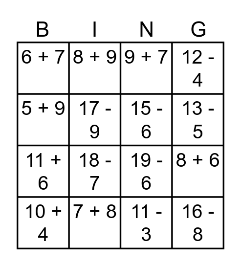 Addition and Subtraction Bingo Card