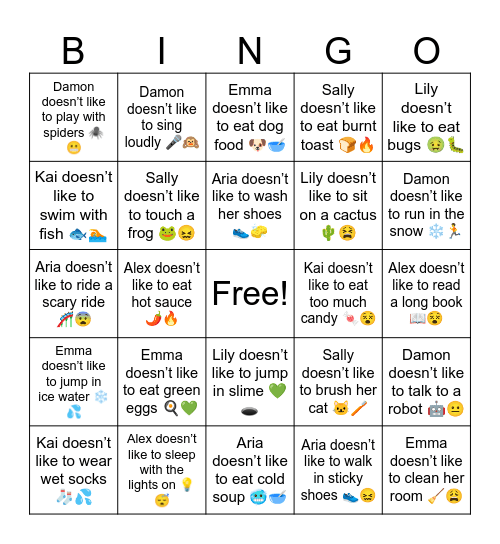 Kai doesn’t like to eat worms 😖🤢 Bingo Card