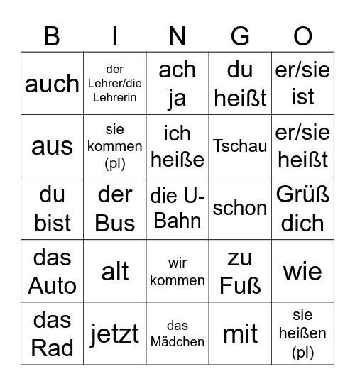 German 1 Bingo Card