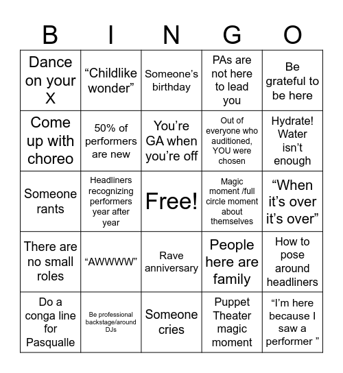 Perfomer Meeting Bingo Card