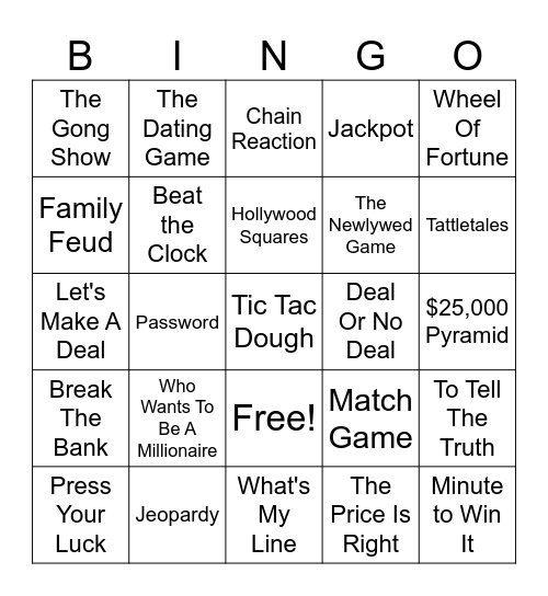 TV Game Show Theme Songs Bingo Card