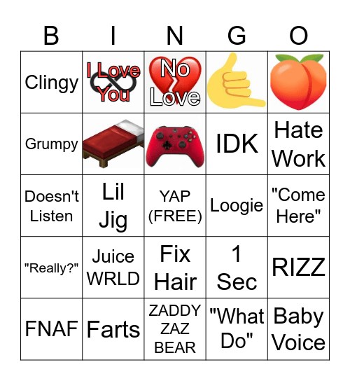 Boyfriend Bingo Card