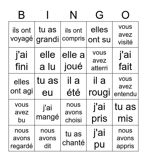 Le passé composé- avoir Bingo Card