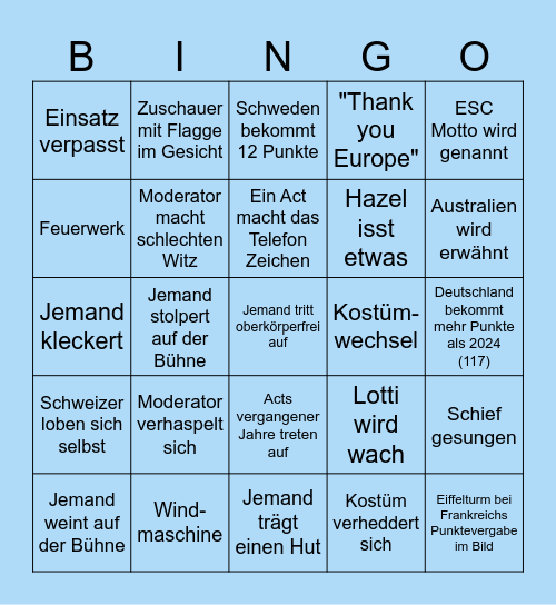 ESC Party Bingo Card