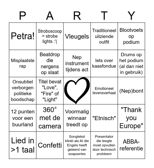 Eurovision Bingo Card