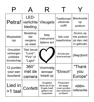 Eurovision Bingo Card