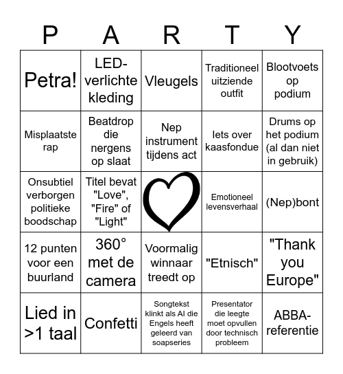 Eurovision Bingo Card
