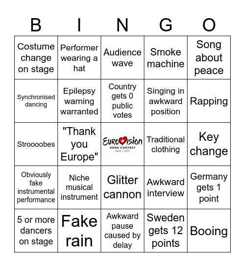 Eurovision 2025 Bingo Card