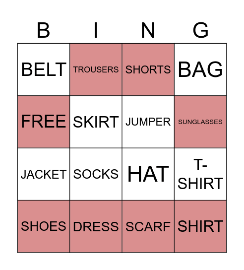 CLOTHES Bingo Card