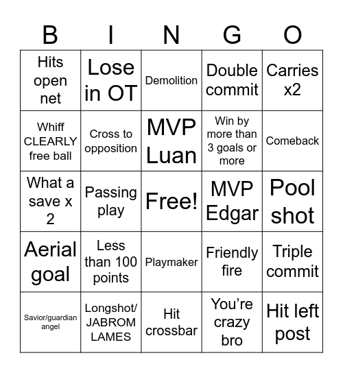 UOH RL Bingo Card