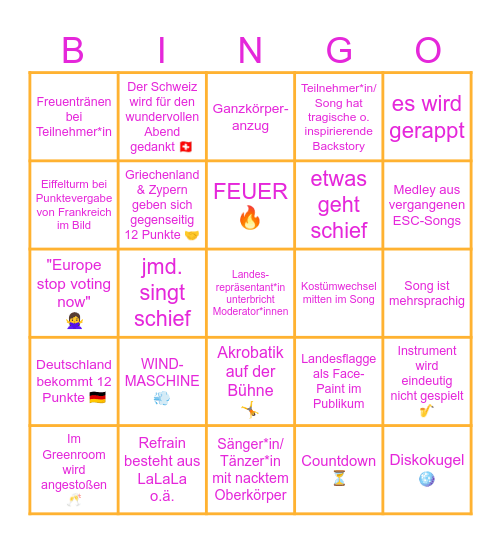 Eurovision 2025 Bingo Card