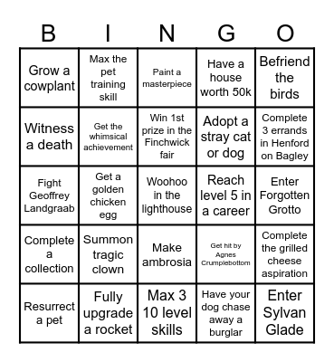 Sims Bingo, Cats and Dogs and Cottage Living Bingo Card
