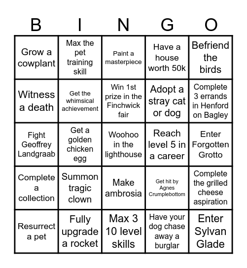 Sims Bingo, Cats and Dogs and Cottage Living Bingo Card