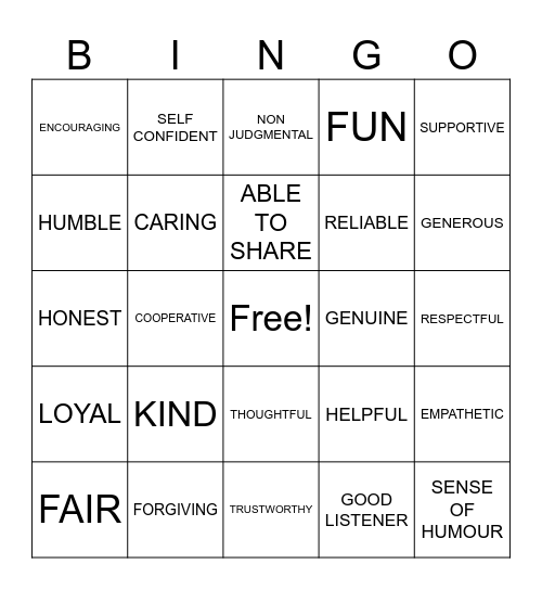 Qualities of a Good Friend Bingo Card